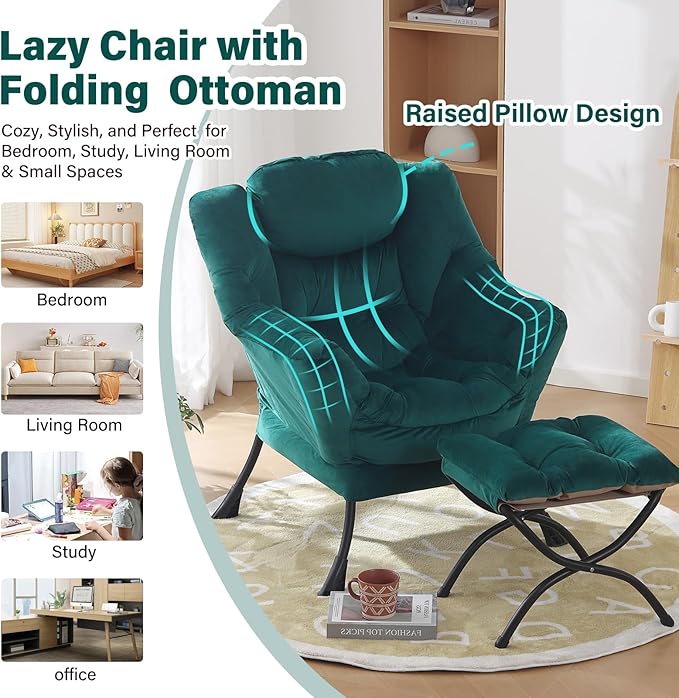 Lazy Chair with Ottoman Modern Accent Chairs with Folding Footrest Velvet Dark Green Sofa Chair Set Reading Chairs Oversized Armchairs for Bedroom Study Living Room Courtyard