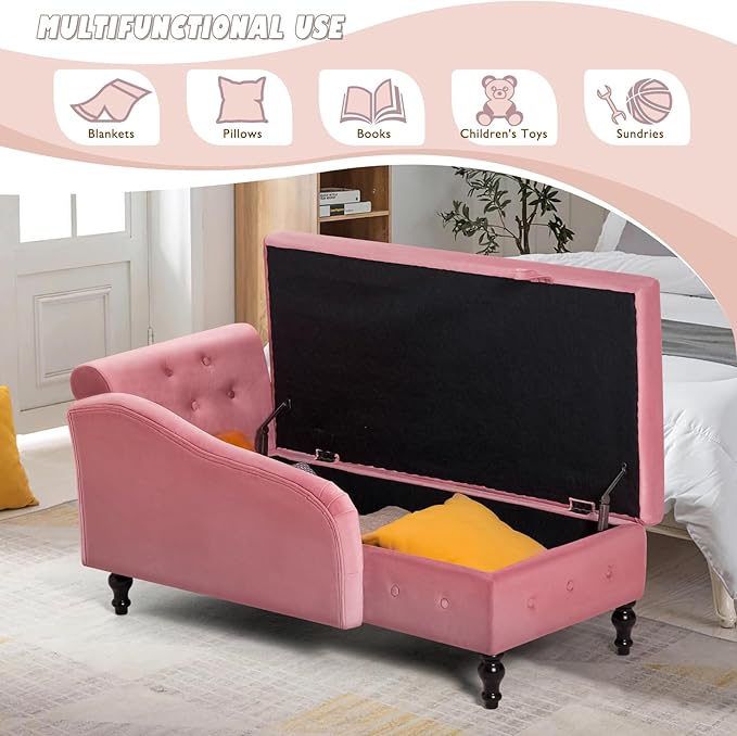 Upholstered Chaise Lounge with Right Armrest &amp Lumbar PillowButton Tufted Lounge Sofa with StorageLounge Chair IndoorModern Velvet Lounge Chair for Bedroom Living Room and OfficePink