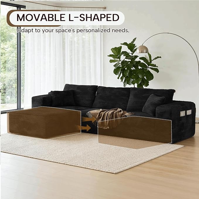 Boneless Sectional Couch Black L Shape Sofa Ottoman with Recliner Bed Memory Foam Modular Cloud No Bones in a Box Boundless Comfort for Living Room Compression Corduroy Fabric Deep Seat Easy Assembly