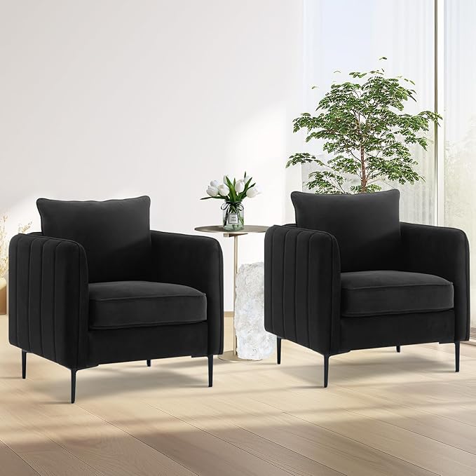 Velvet Accent Chair Mid Century Modern Single Arm Chair Comfy Living Room Reading Bedroom Lounge 6.3 Inch Upholstered Cushioned Black Metal Legs (Black Sofa Chair Set of 2)