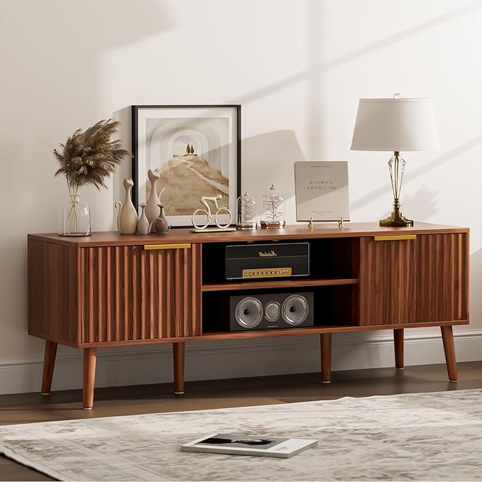 TV Stand for Living Room Mid Century Modern Entertainment Center for 55/60 inch TVs TV Console with Fluted Door Cabinets and Open Shelves for Bedroom Walnut