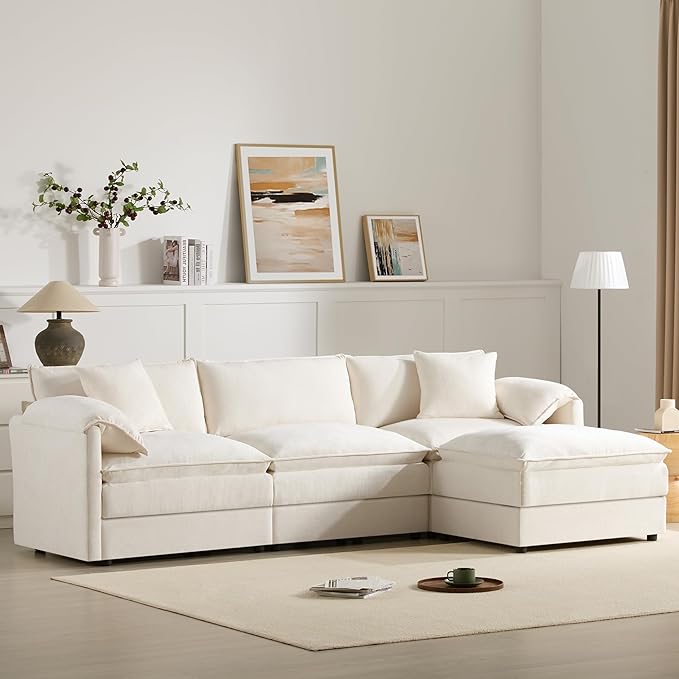 Merax Modern L Shaped Cloud Couch Set with Double Cushions 4 Seat Sectional Sofa Sleeper Bed with Movable Ottoman &amp 2 Pillows 103.5 Chenille Modular Sectional Sofa with Deep and Wide Seat Crea