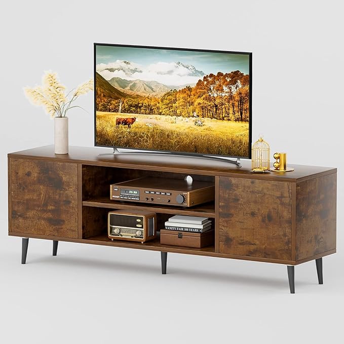 JUMMICO TV Stand for 65 Inch TV Mid Century Modern TV Stand Entertainment Center with Storage Cabinet and Open Shelves TV Console Table Media Cabinet for Living Room and Bedroom (Rustic Brown)
