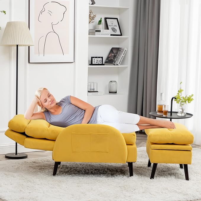 Accent Chair with Ottoman Comfy Reading Chair with Ottoman Set Modern Oversized Velvet Lounge Armchair with Adjustable Backrest for Living Room Bedroom (Yellow)