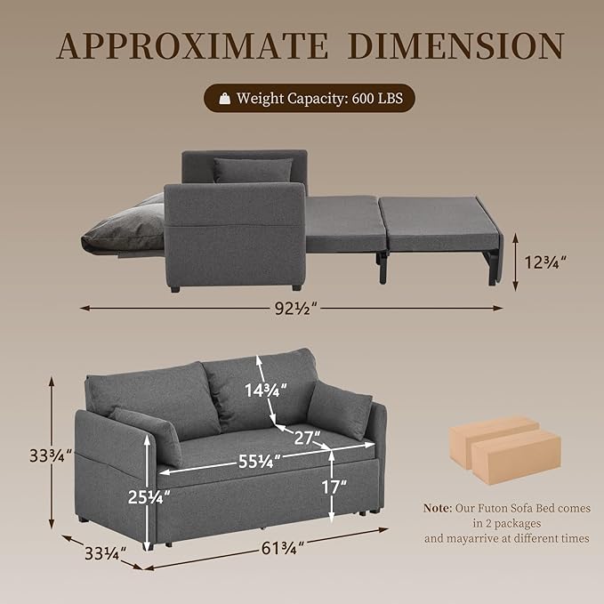 Furnimart 62 Queen Sleeper Sofa 3 in 1 Convertible Loveseat Sleeper Pull Out Sofa Bed with 6-Position Adjustable Backrest Modern Futon Couch for Living Room Apartment RV Linen Dark Grey