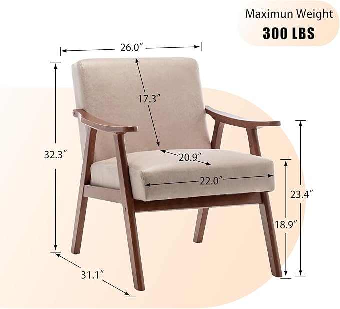 Mid Century Modern Accent ChairComfy Fabric Reading Chair with Retro Solid Wood Frame &amp High Back Upholstered Lounge Arm Side Chair for Living Room Bedroom Balcony (Light Camel)