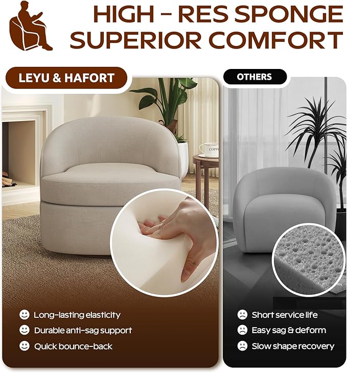 Leyu&ampHafort Modern Beige Swivel Accent Chair with Removable Foam Seat Cushion Linen Upholstered Comfty Sofa for Living Room and Bedroom Reading FSC Certified Solid Wood Base. (Oatmeal)