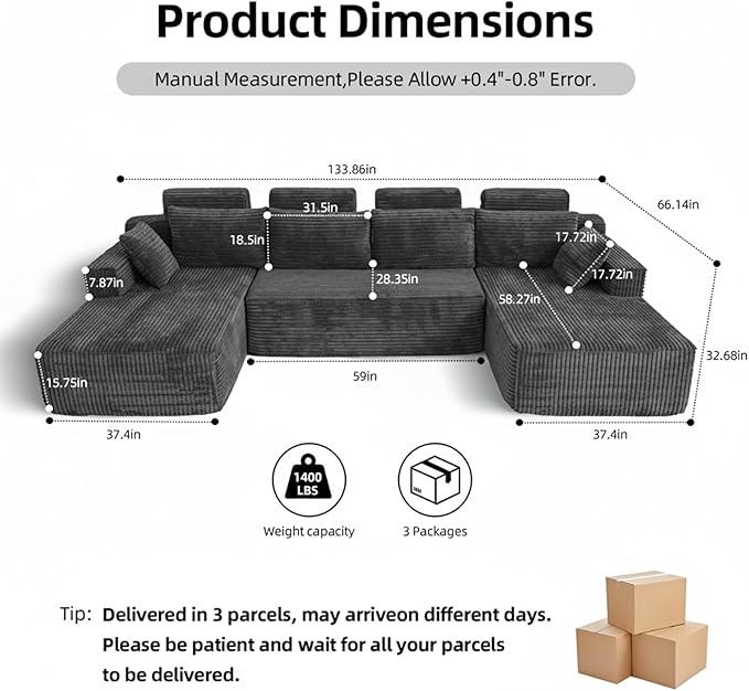 134 Boneless Couch for Living Room Oversized U Shaped Modular Cloud Sofa with Deep Seat Ergonomic Memory Foam Sleeper Chair Comfy Fluffy Corduroy Sectional Couches No Assembly Grey