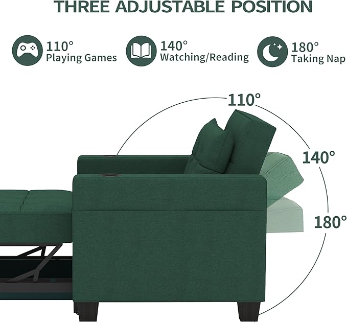 DURASPACE Futon Sofa Bed 3 in 1 Convertible Sofa Chair Bed Adjustable Backrest Chair Chaise Lounge with USB Ports Cup Holder Side Pocket Storage Box (Green)