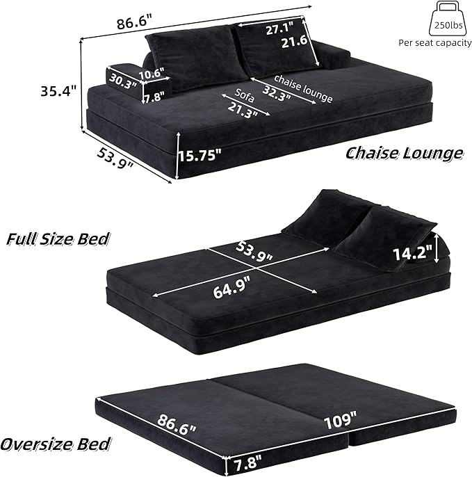 86.6 Queen Floor Sleeper Sofa Bed | Convertible Foam Folding Mattress Couch | King Size Futon Couch Bed for Adjustable Backrests | Sleeper Lounge Chair for Living Room Playroom Apartment Dark Grey