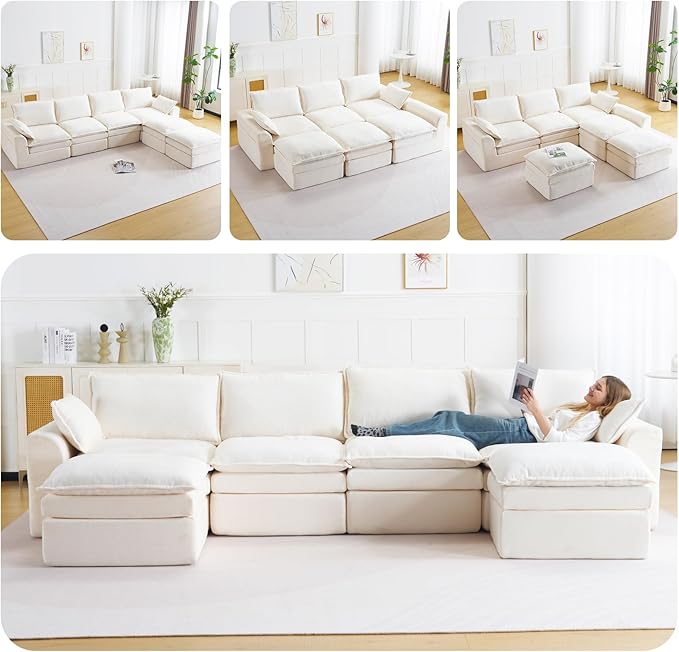 145 Modular Sectional Cloud Couch Deep Seat Boneless Couch for Living Room Upholstered Cloud Sectional Couch with Throw Pillows and Side PocketsNo Assembly RequiredChenilleBeige