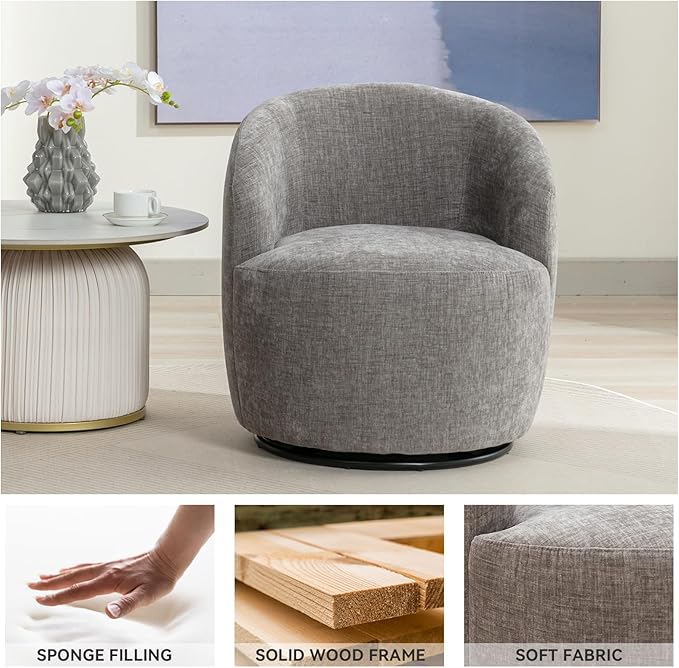FOXHUNTER Swivel Barrel Chair 360° Small Single Sofa Armchair Comfy Round Sofa Chair Boucle Chairs Padded Armchair Modern Round Accent Arm Chairs for Living Room Bedroom Chenille Light Gray