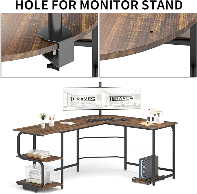 Teraves Reversible L Shaped Desk with Large Surface 69 Inch Sturdy Corner Desk with Storage Shelves Premium Office Computer Desk Workstation for Home Office Gaming