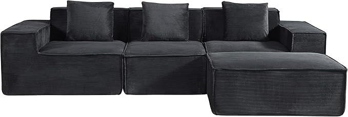 Rowan Convertible Corduroy Sectional Couch with Ottoman &amp Pillows Modular L Shaped Sleeper Sofa Boneless Cloud Couch for Living Room Furniture Black