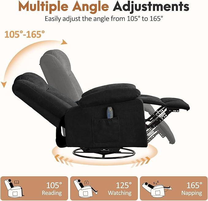 Rocker Recliner Chair for Adults 360° Swivel Rocker Recliner with Massage and Heating Nursery Rocking Chairs with Side Pockets Manual Reclining Chair for Living Room Bedroom or Nursery