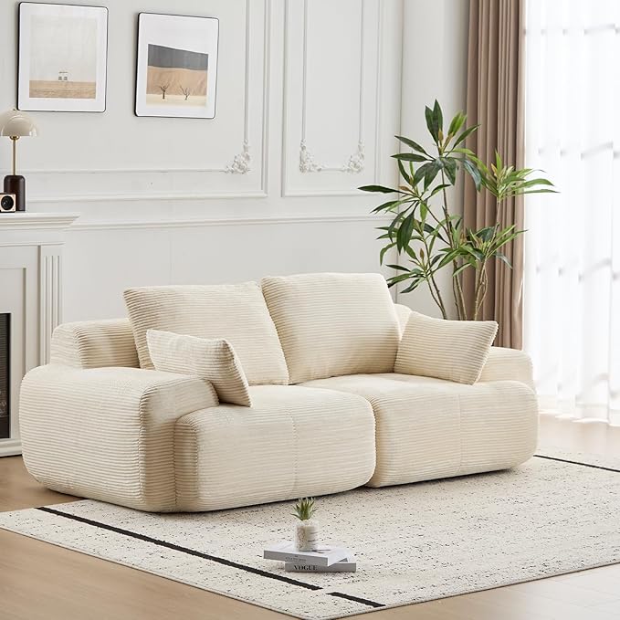 Modern Loveseat with Pillows Extra Deep Soft Cloud Love Seat with Multiple Corduroy Boneless 2 Seate Couch for Living Room Apartments Bedrooms Guest Rooms (Beige 2 Seat)
