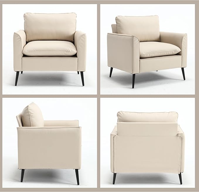 Modern Accent Chair Set of 2Comfy Reading Accent Chairs Sofa ChairsUpholstered PU Faux Leather Armchair with Wood Legs for Living RoomBedroomBeige