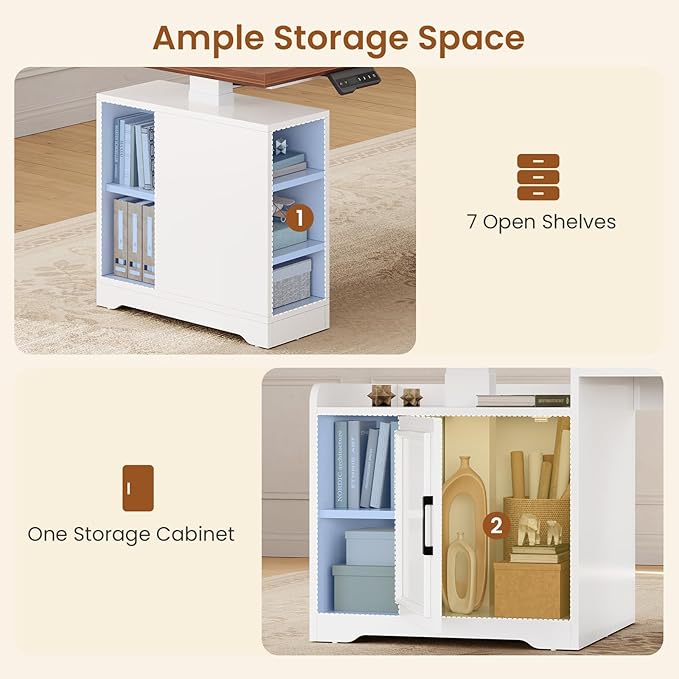 SEDETA Farmhouse L Shaped Electric Standing Desk 63 x 67 Height Adjustable Home Office Executive Desk with Drawers and Shelves Standing Computer Desks with Power Outlet for Home Office White