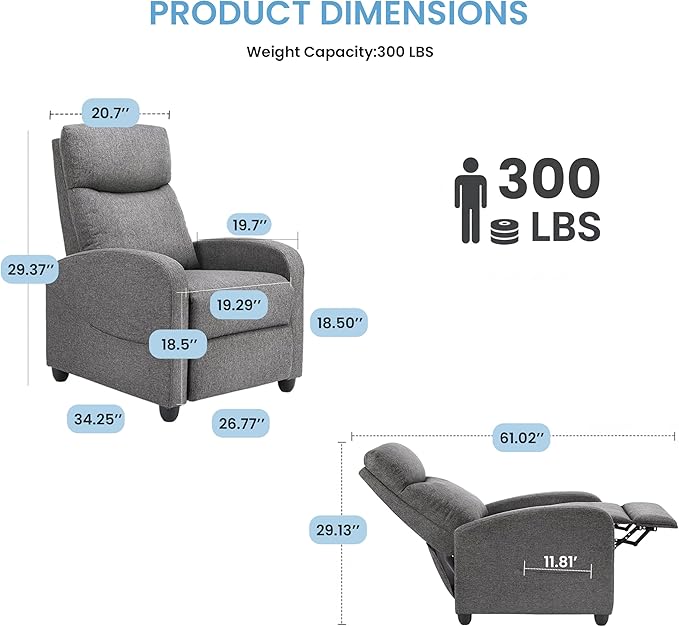 Simple Deluxe Recliner Chair - Adjustable Push Back Fabric Recliner Perfect Reading Chair &amp Sofa Chair for Living Room Chairs or Bedroom Chair Single Recliner for Home Theater Grey