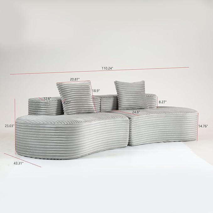 110 Modern Curved Sectional Sofa Compressed Sofa with Half Moon Design and 2 Pillows No Assembly Require Couch with Tufted Cushions Corduroy Sofa for Living Room (Smoke Grey)