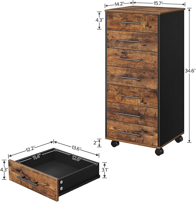 HOOBRO 7-Drawer File Cabinet Wooden Office Cabinet with Drawers Mobile Storage Filing Drawer for Home Office Study Easy Assembly Rustic Brown and Black BF07WJ01
