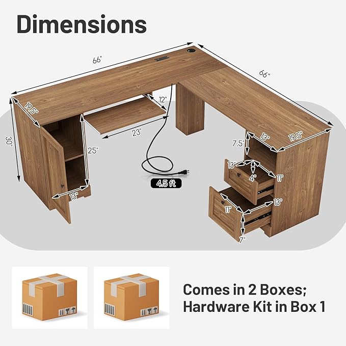 Tangkula 66” x 66” L-Shaped Office Desk with Power Outlets Modern Home Office Computer Desk with 2 Drawers Cabinet Adjustable Shelf &amp Keyboard Tray Corner Executive Desk for Working Writing