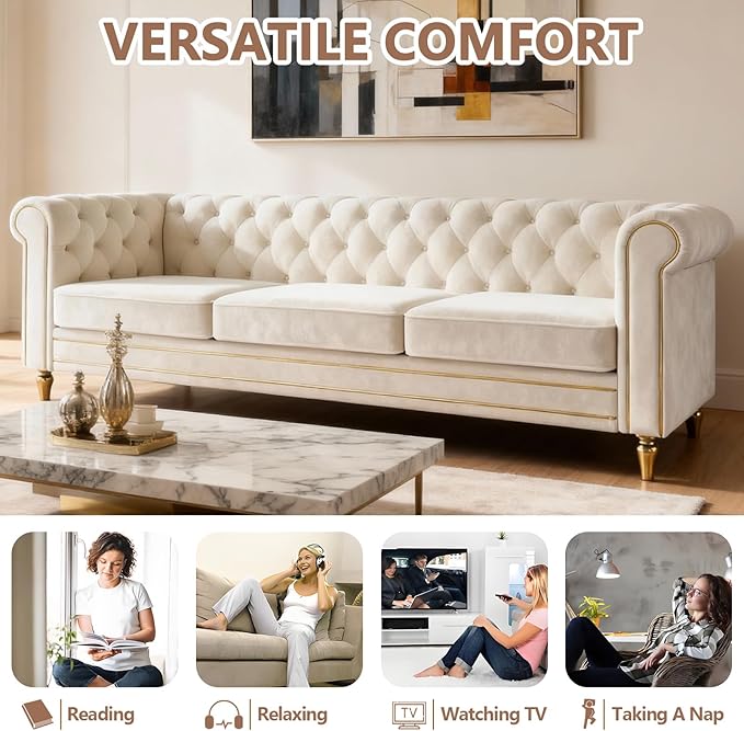 84 Velvet Sofa with Gold Legs Luxury Tufted Couch for Living Room Chesterfield Sofa with Thick Cushion Wide Armrest High-Density Foam Gold Strip Trim (Beige)
