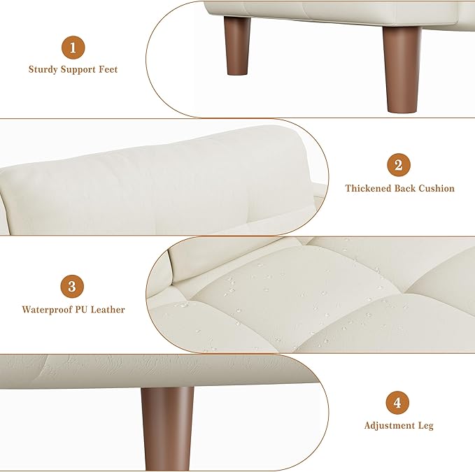 IDEALHOUSE 3-Seater Sofa Couch 83 in Wide Faux Leather Sofa Couch with Spring Cushion Modern Sofa with Deep Seats and 2 Removable Back Cushions for Living Room Bedroom Apartment Office Beige