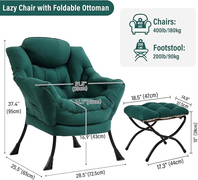 Lazy Chair with Ottoman Modern Accent Chair with Armrests and a Side Pocket Dark Green Accent Chairs Reading Chairs Oversized Armchairs for Bedroom Study Living Room Courtyard