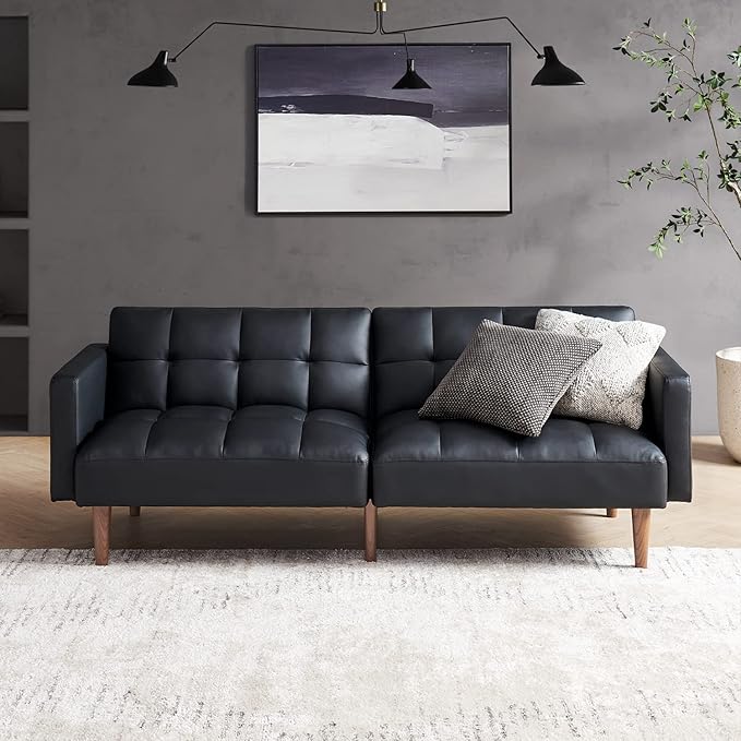 mopio 76.4 Futon Sofa Bed Couch Loveseat Sleeper Sofa Mid Century Modern Futon Couch Sofa Cama Couches for Living Room (Aaron PU Midnight Black)