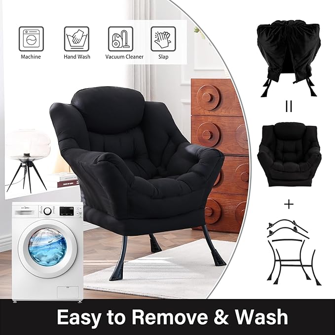 Lazy Chair Large Accent Chair Modern Comfy Armchair Black Chair for Living Room Bedroom Dorm Room Office Apartment Reading Relaxing Use