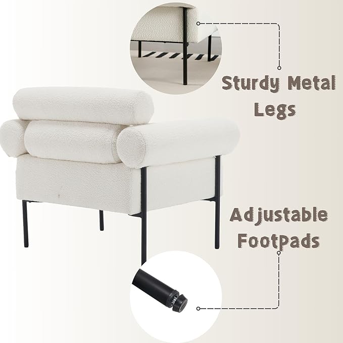 Modern Accent Chair Boucle Sofa Accent Chair for Living Room Upholstered Sherpa Mid-Century Modern Armchair Oversized Reading Chair with Channel Tufted for Bedroom Office White