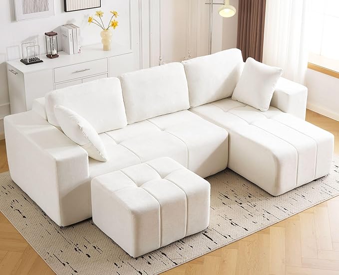 Square Stuffed Pouf OttomanChenille Poufs with Foam Chunk Filling27.9 X 16.1 Floor Poufs for SofaAccent Foot Rest Stool for Living RoomBedroomBeige