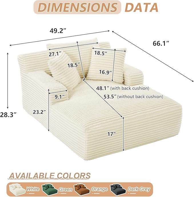 49.2 Oversized Chaise Lounge Chair IndoorCorduroy Boneless Reading Chair with 3 PillowsDeep Seat Cloud Sofa BedComfy Modern Sleeper Chairs in Box for Living Room BedroomNo Assembly(White)