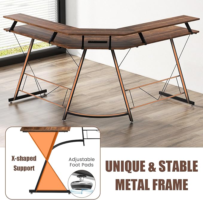 Giantex L Shaped Computer Desk with Power Outlet 51 Corner Computer Desk with Monitor Stand and Reversible Keyboard Tray Modern Gaming Desk with Hook Home Office Desk Workstation (Rustic Brown)