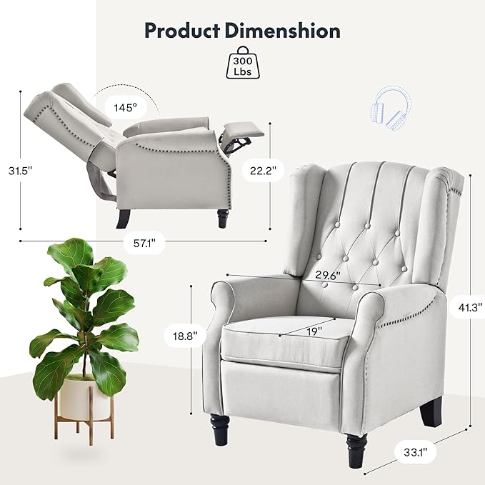 Softa Recliner Chair for Adults Mid Century Wingback Pushback Accent Chair with Rivet Decoration Tufted Upholstered Single Sofa Armchair for Living Room Bedroom Study (Fabric White)