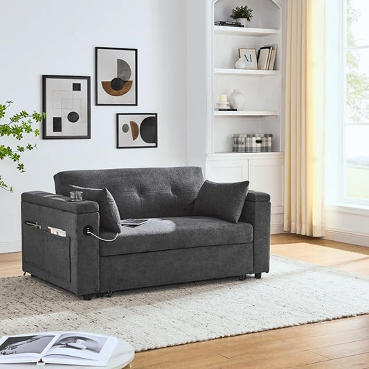 Convertible Sleeper Sofa Bed Pull-Out Recliner Couch with Adjustable Backrest Storage Armrests Side Pockets Cup Holders USB Charging Ports Chenille Loveseat for Living Room Use (Grey)