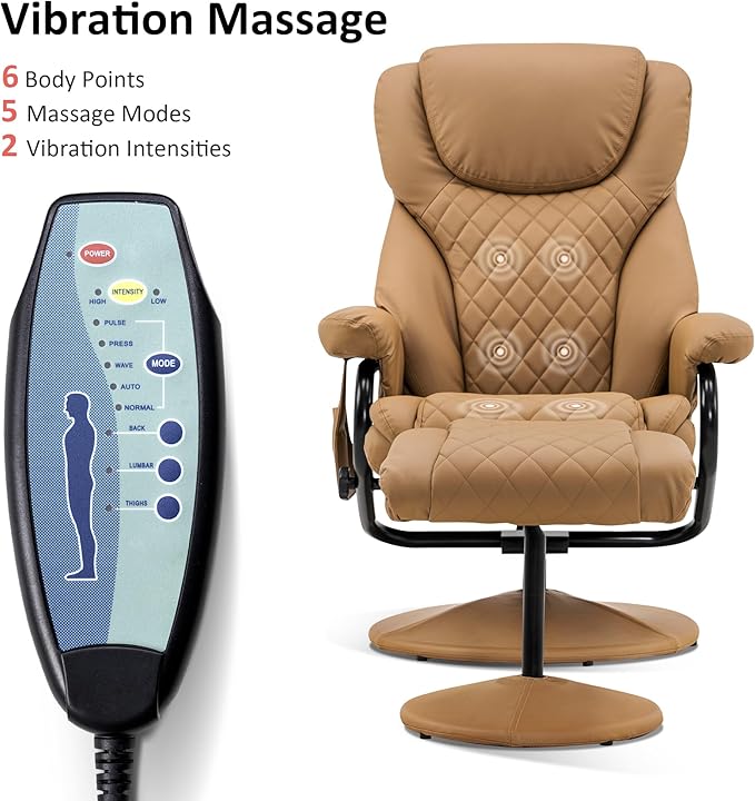 MCombo Recliner with Ottoman Reclining Chair with Massage 360 Swivel Living Room Chair Faux Leather 4901 (Cognac)