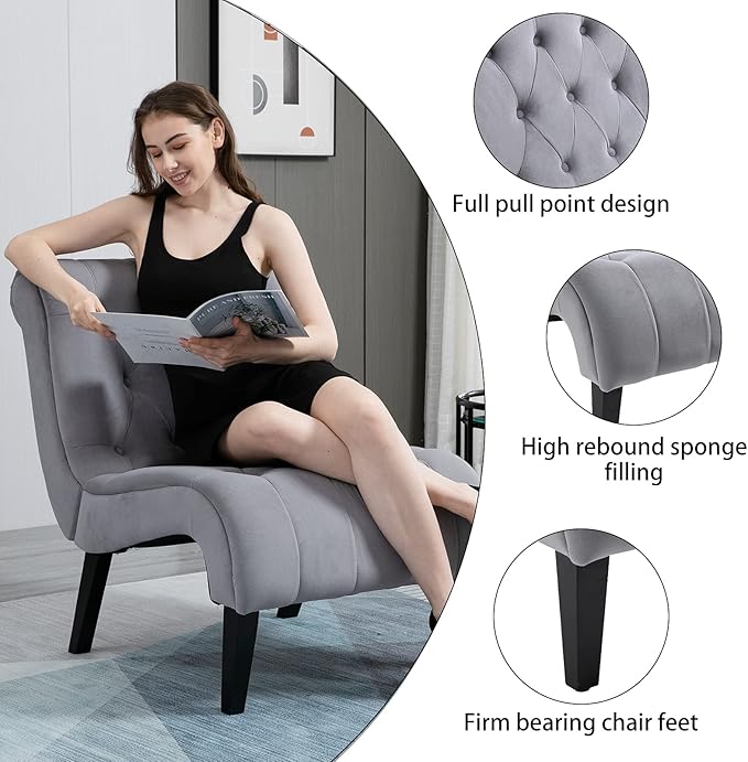 AVAWING Armless Accent Chair Set of 2 Upholstered Button Tufted Living Room Chairs with Wood Legs Comfy Frosted Velvet Lounge Chair Reading Chair for Bedroom Grey