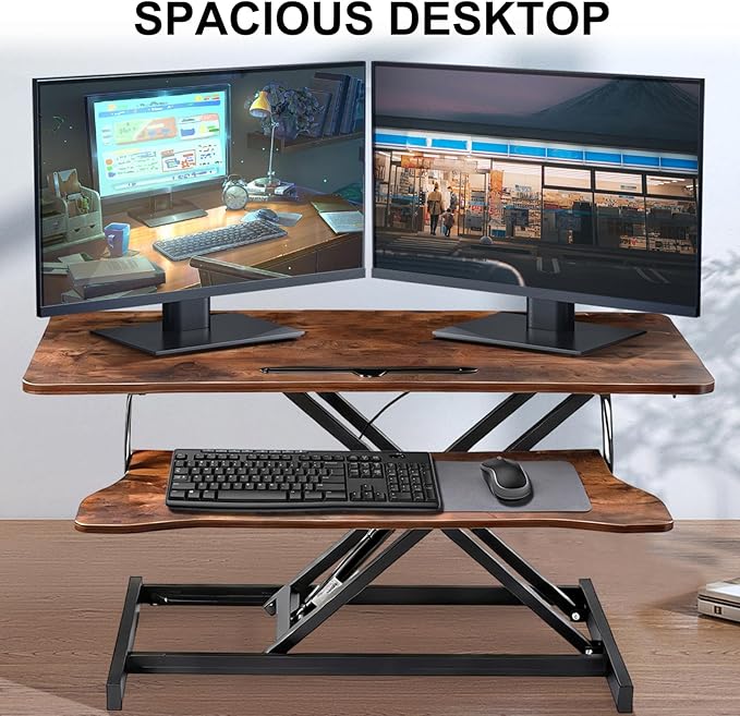 38-Inch Height Adjustable Standing Desk Converter Duals Monitor &amp Laptop Riser with Wide Keyboard Tray Sit to Stand Ergonomic Workstation for Home Office School Business Tiger Brown