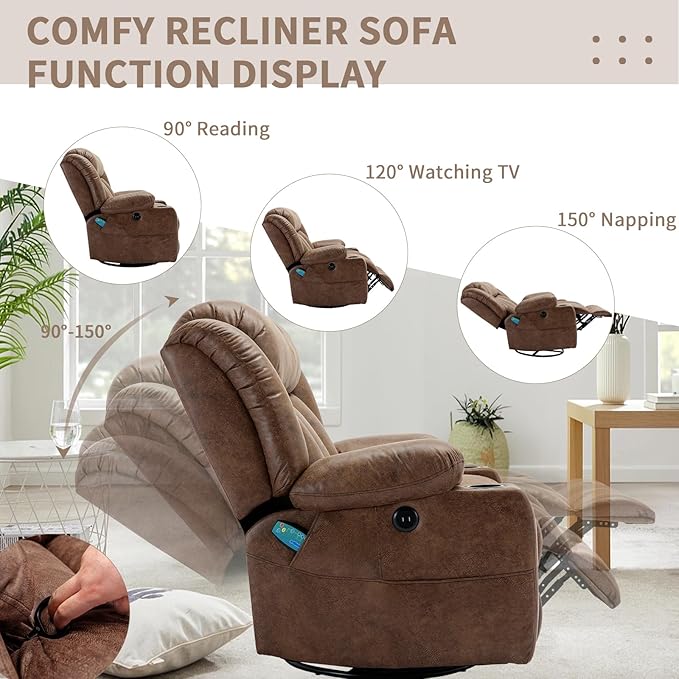 360° Swivel Rocker Recliner Chair with Heat and Massage Manual Glider Rocking Reclining Chair Swivel Overstuffed Lounge Reclining Chair with 2 Cup Holders Side Pockets &amp USB Ports Brown