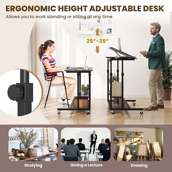 Giantex Mobile Standing Desk Adjustable Rolling Computer Desk w/Tilting Desktop &amp Storage Shelves PC Laptop Table Small Compact Desk on Wheels for Small Space Living Room &amp Bedroom (Black