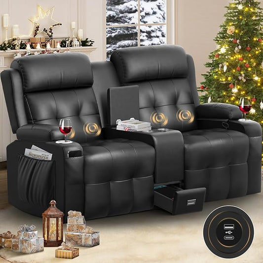 Reclining Loveseat Massage Loveseat Recliner Sofa Heavy Weight Capacity RV Love Seat Chair Clearance with Console USB Type C Port Storage Cup Holders Wall Hugger Couch for Living Room