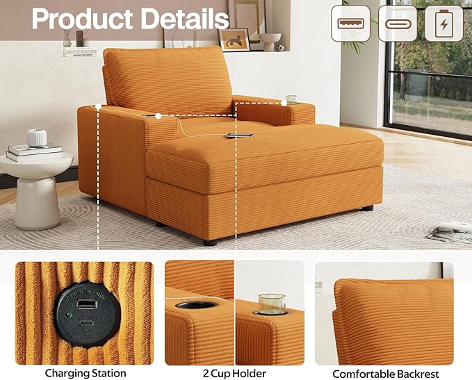42.8 Oversized Chaise Lounge Chair with Storage Ottoman Corduroy Sofa Bed with Cup Holders &amp USB Charging Port Upholstered Sleeper Chair for Living Room BedroomYellow