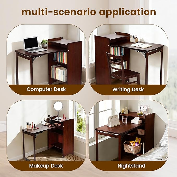 Bamboo Folding Desk with Storage Mid Century Fold Out Table Space Saving Foldable Desk for Small Spaces Multi-Functional Computer Desk for Home Office Bedroom Apartment &amp Dorm