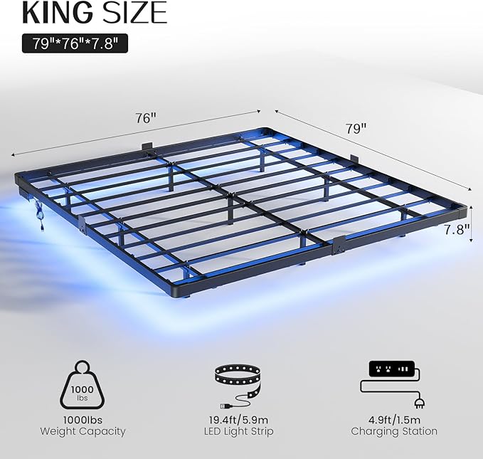 OLEVS King Size Floating Bed Frame Metal Platform with LED Light and Charging Station No Box Spring Needed Noise-Free Easy Assembly
