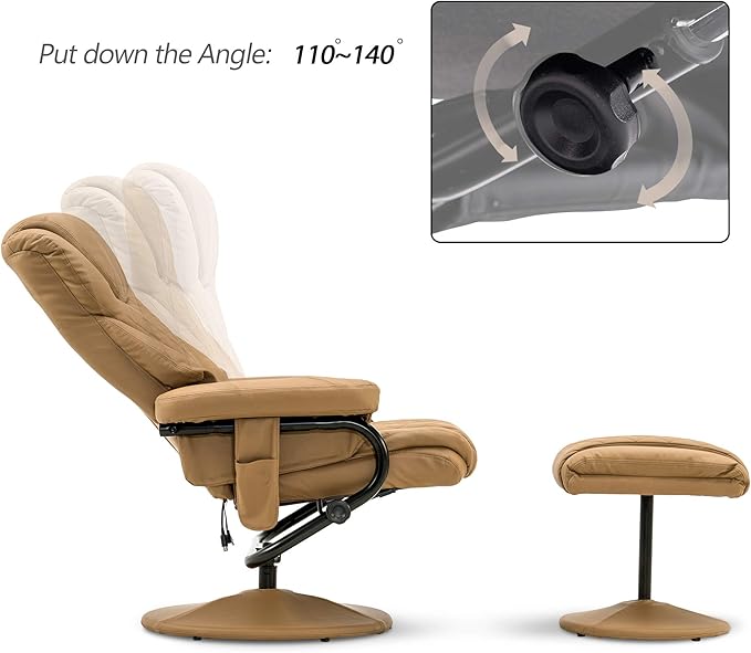 MCombo Recliner with Ottoman Reclining Chair with Massage 360 Swivel Living Room Chair Faux Leather 4901 (Cognac)