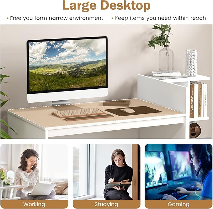 Tangkula White Desk with 2 Storage Drawers &amp Bookshelf Home Office Desk with Corner Bookshelf &amp Printer Stand Small Writing Study Desk for Small Space Modern Vanity Table for Bedroom (White