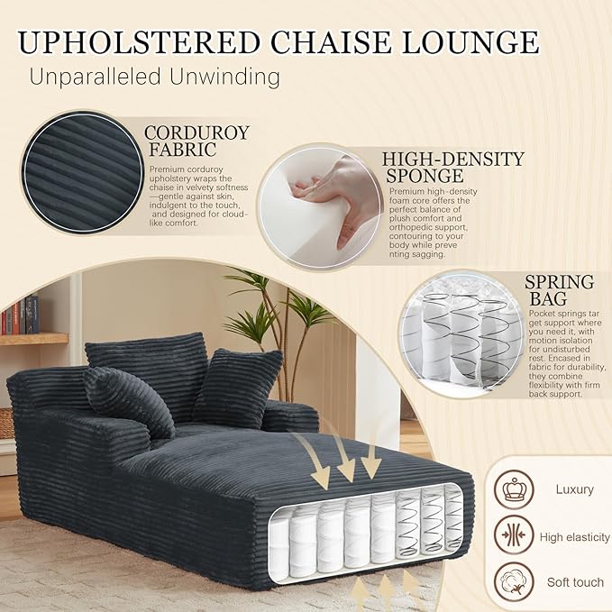 80 Inch Oversized Chaise Lounge Chair IndoorBoneless Corduroy Sofa Bed with Spring CushionDeep Seat Cloud Couch and Reading LoungerSoft Sleeper Sofa for Living RoomNo Assembly Required (Dark Grey)