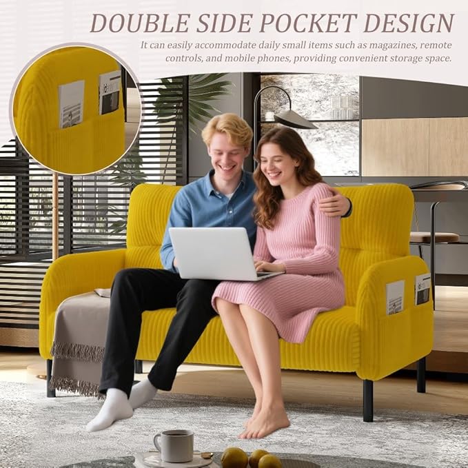 48 Small Loveseat Sofa for Small Space Corduroy Love Seat Couches with Black LegsComfy Couchs for Living Room Bedroom Apartment OfficeMid Century Modern Couch (Yellow)